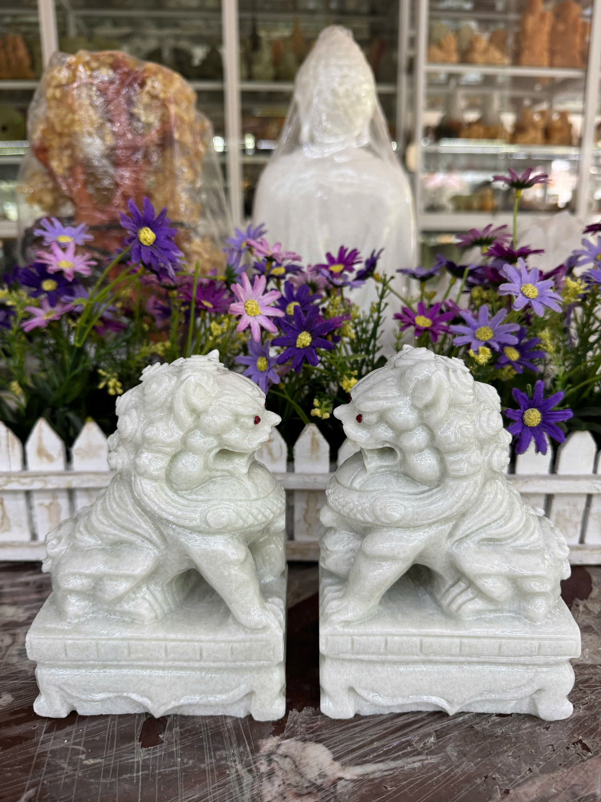 Cặp tượng Kỳ Lân phong thủy đá trắng xanh - Cao 15 cm