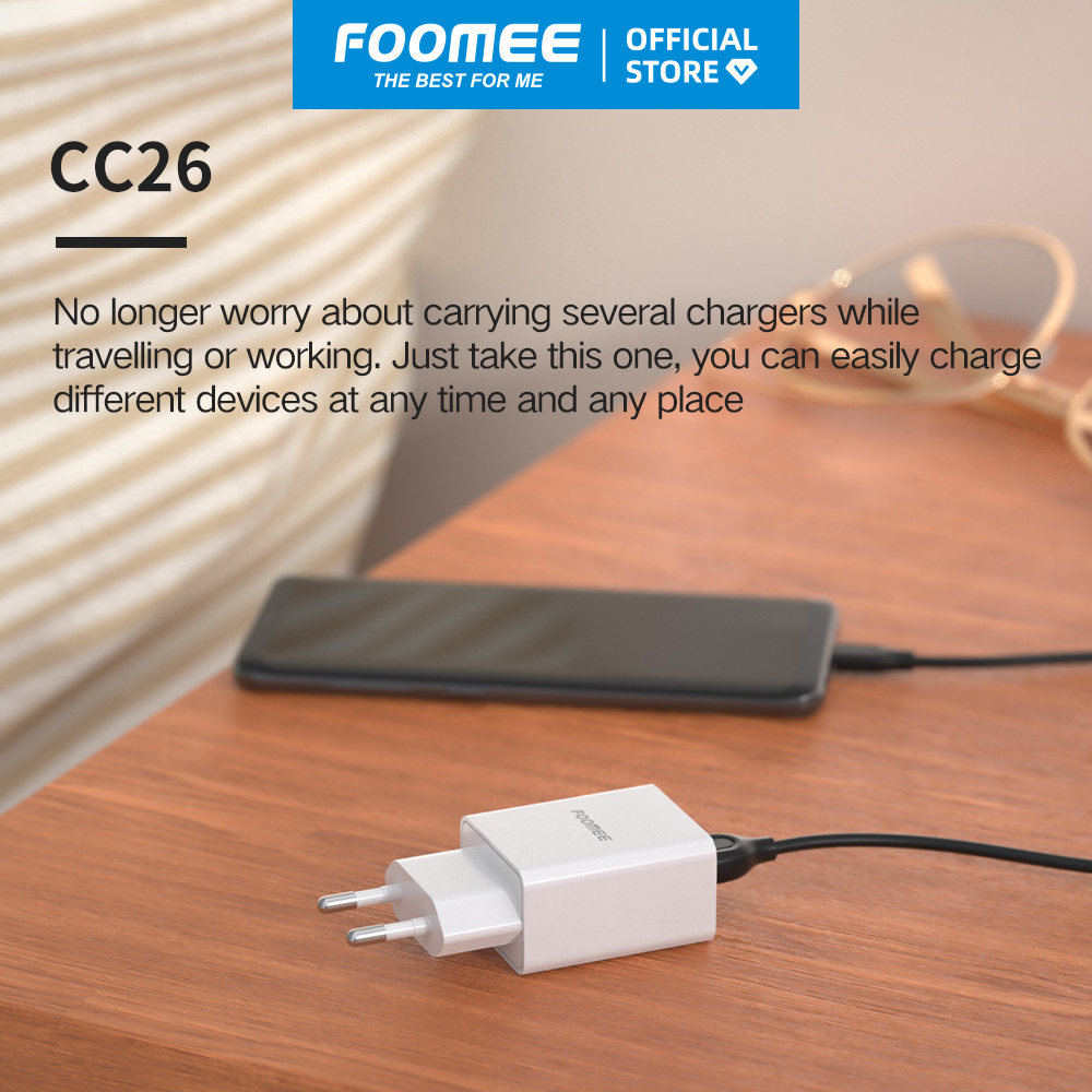 Củ sạc 2 cổng USB FOOMEE CC26 - Màu Trắng/Đen - Sạc An Toàn 2 Thiết Bị Cùng Lúc - Hàng chính hãng