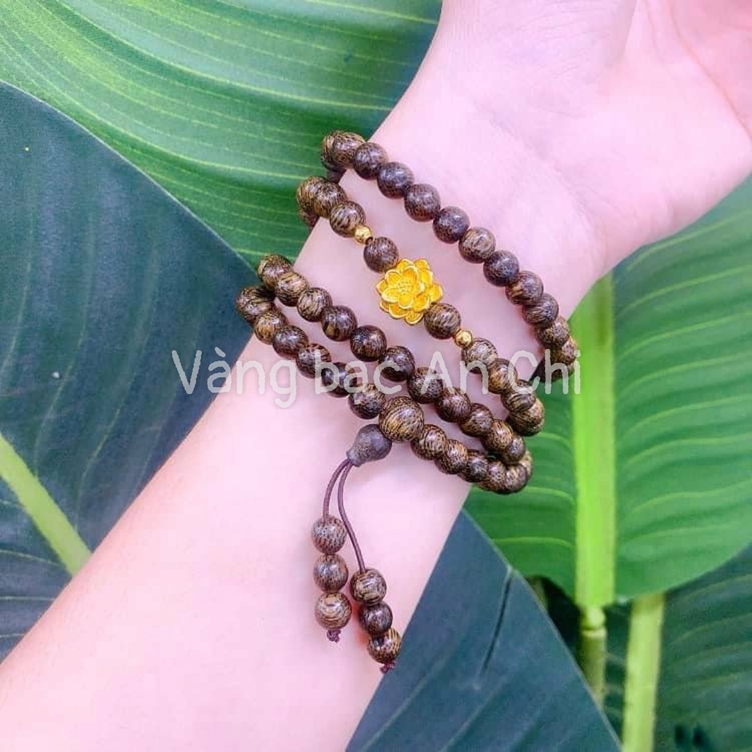 Chuỗi vòng tay trầm 108 hạt mix charm hoa sen bạc xi vàng 24k may mắn bình an Vàng bạc an chi