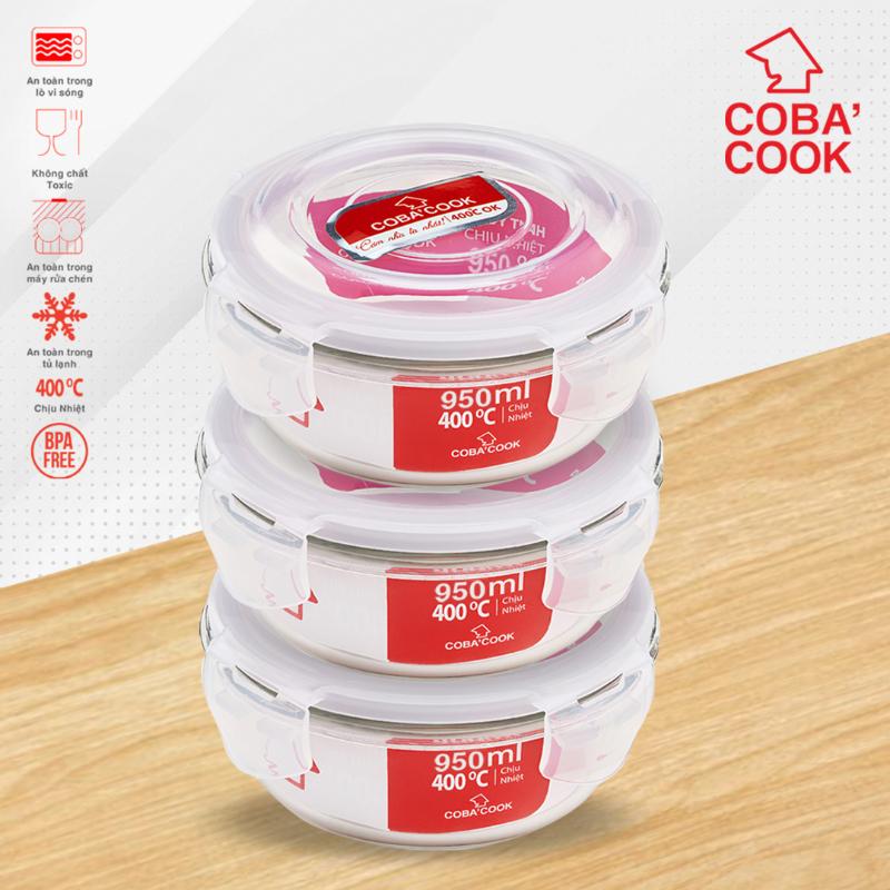 Bộ 3 hộp trữ thức ăn thực phẩm đựng cơm chịu nhiệt hộp thủy tinh COBACOOK hộp tròn dung tích lớn 950ml- CCR93