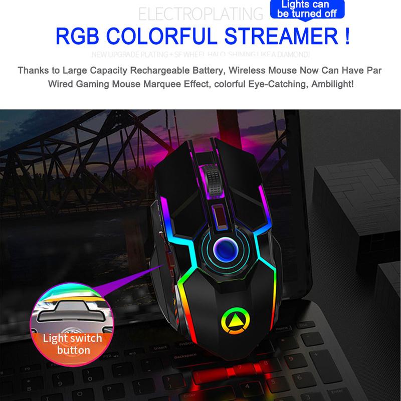 Chuột Chơi Game Sạc Không Dây Chuột Im Lặng 1600 DPI Thiết 7 Phím RGB LED Backlit 2.4G Quang USB Cho Laptop máy Tính