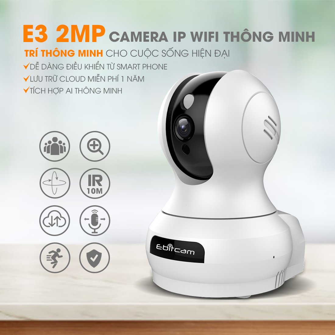 Camera Ip Wifi EbitCam E3 2MP Full HD 1080P - Kèm Thẻ Ebitcam 32GB - Hàng Chính Hãng