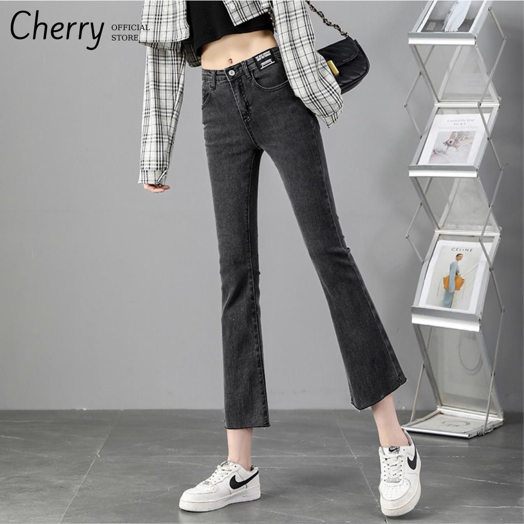 Quần jean nữ ống loe lửng lưng cao co giãn phong cách Hàn Quốc, quần bò nữ ống loe cạp cao chất xịn cao cấp CHERRY T025