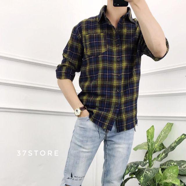 Áo sơ mi nam dài tay sọc caro đôi nổi phối màu