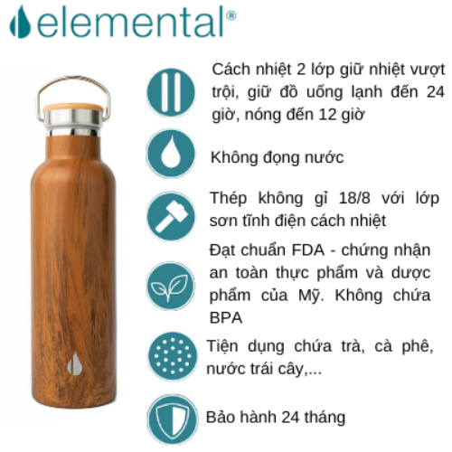 BÌNH GIỮ NHIỆT ELEMENTAL MÀU VÂN GỖ (750ML), BÌNH NHẬP KHẨU MỸ, ĐẠT CHUẨN FDA HOA KỲ, THÉP 304 KHÔNG GỈ, GIỮ NÓNG LẠNH