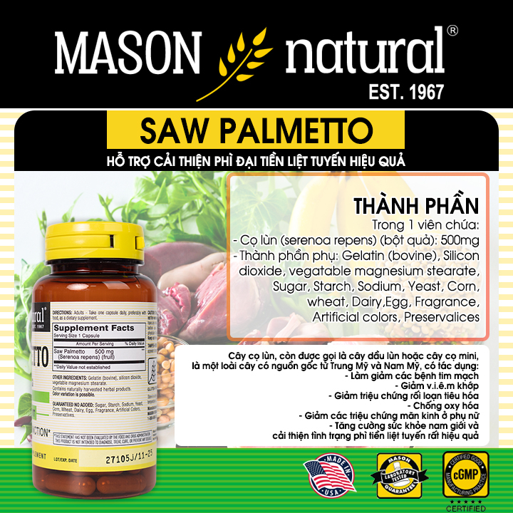 Viên Uống Tiền Liệt Tuyến Mason Natural Saw Palmetto - Hỗ Trợ Giảm Triệu Chứng Tiền Liệt Tuyến, Tiểu Đêm, Buốt  (Hộp 60 Viên)