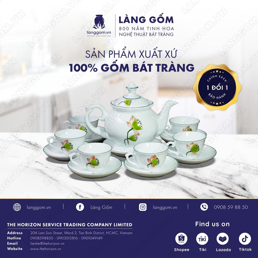 Bộ ấm chén bưởi cành + vẽ đài sen - Gốm sứ Bát Tràng - Làng Gốm