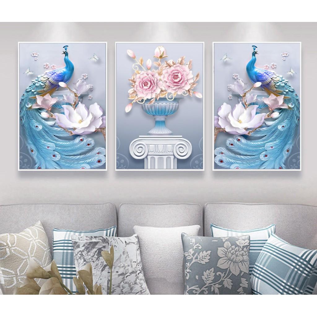 - Bộ tranh canvas CHIM CÔNG 3 bức treo tường có khung phong cách hiện đại- Phòng Khách - Phòng ngủ