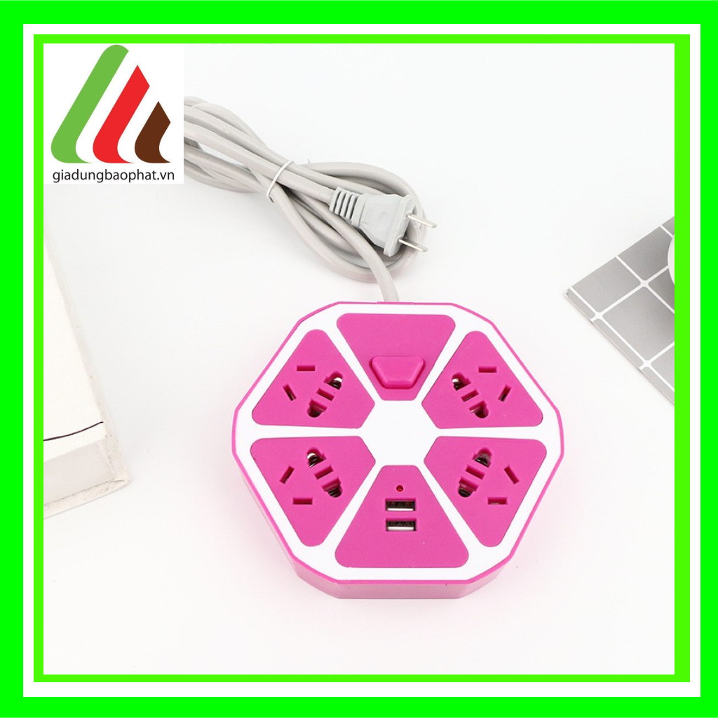Ổ cắm điện lục giác 4 lỗ phích cắm 2 chấu 3 chấu và 2 cổng USB đa năng trang trí đèn led