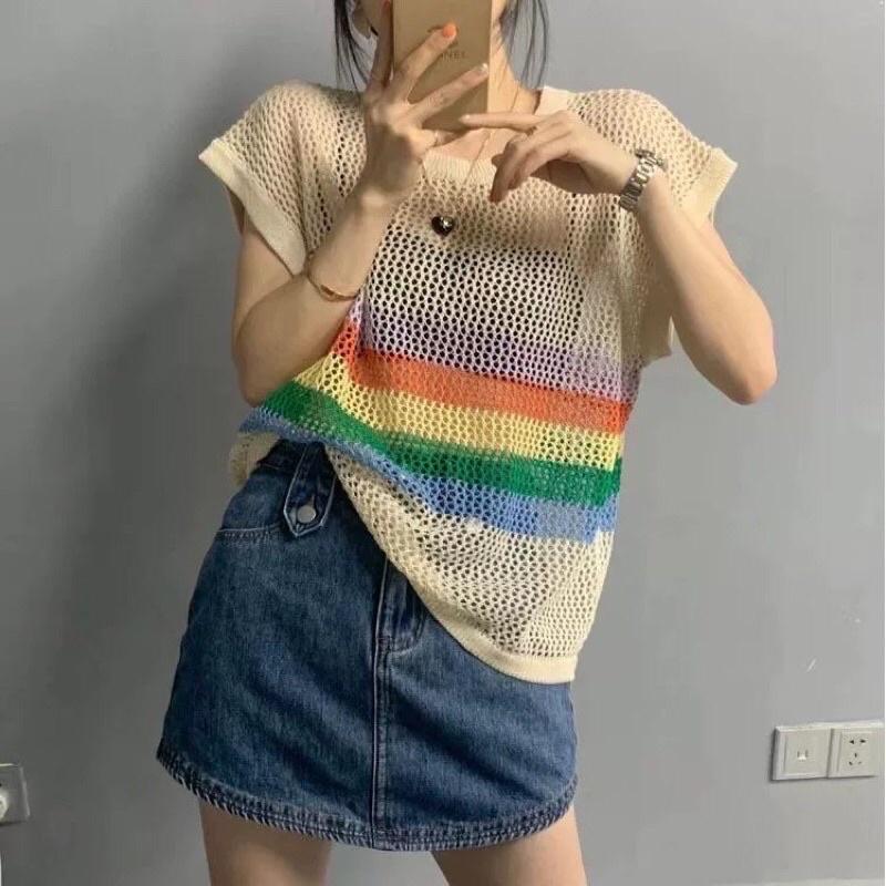 Áo len lưới nữ cộc tay cổ tròn họa tiết cầu vồng