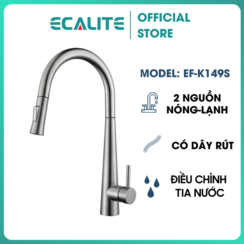 Vòi Rửa Chén Nóng Lạnh Pull-down Ecalite EF-K149S - Có Dây Rút - Điều Chỉnh Tia Nước - Inox 304 Siêu Bền - Hàng Chính Hãng