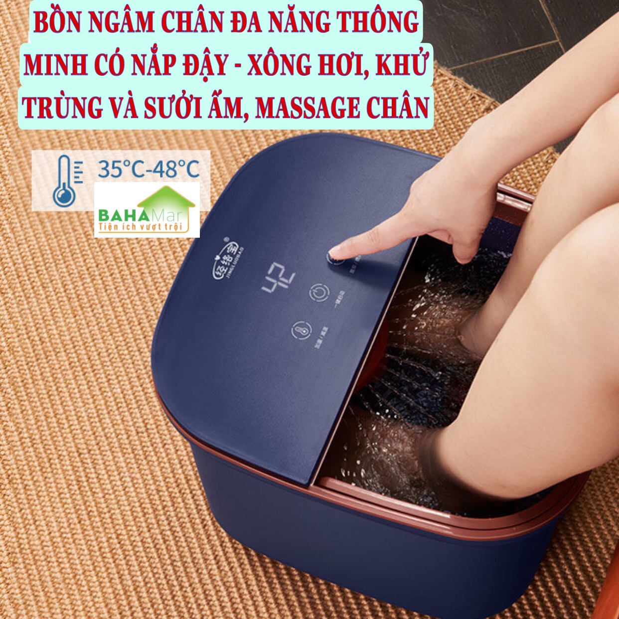 BỒN NGÂM CHÂN ĐA NĂNG THÔNG MINH CÓ NẮP ĐẬY - XÔNG HƠI, KHỬ TRÙNG VÀ SƯỞI ẤM, MASSAGE CHÂN - BỒN NGÂM ĐIỀU NHIỆT &quot;BAHAMAR&quot;  sử dụng tia hồng ngoại sưởi ấm giúp cơ khớp tuần hoàn, và sử dụng các con lăn giúp massage bấm huyệt