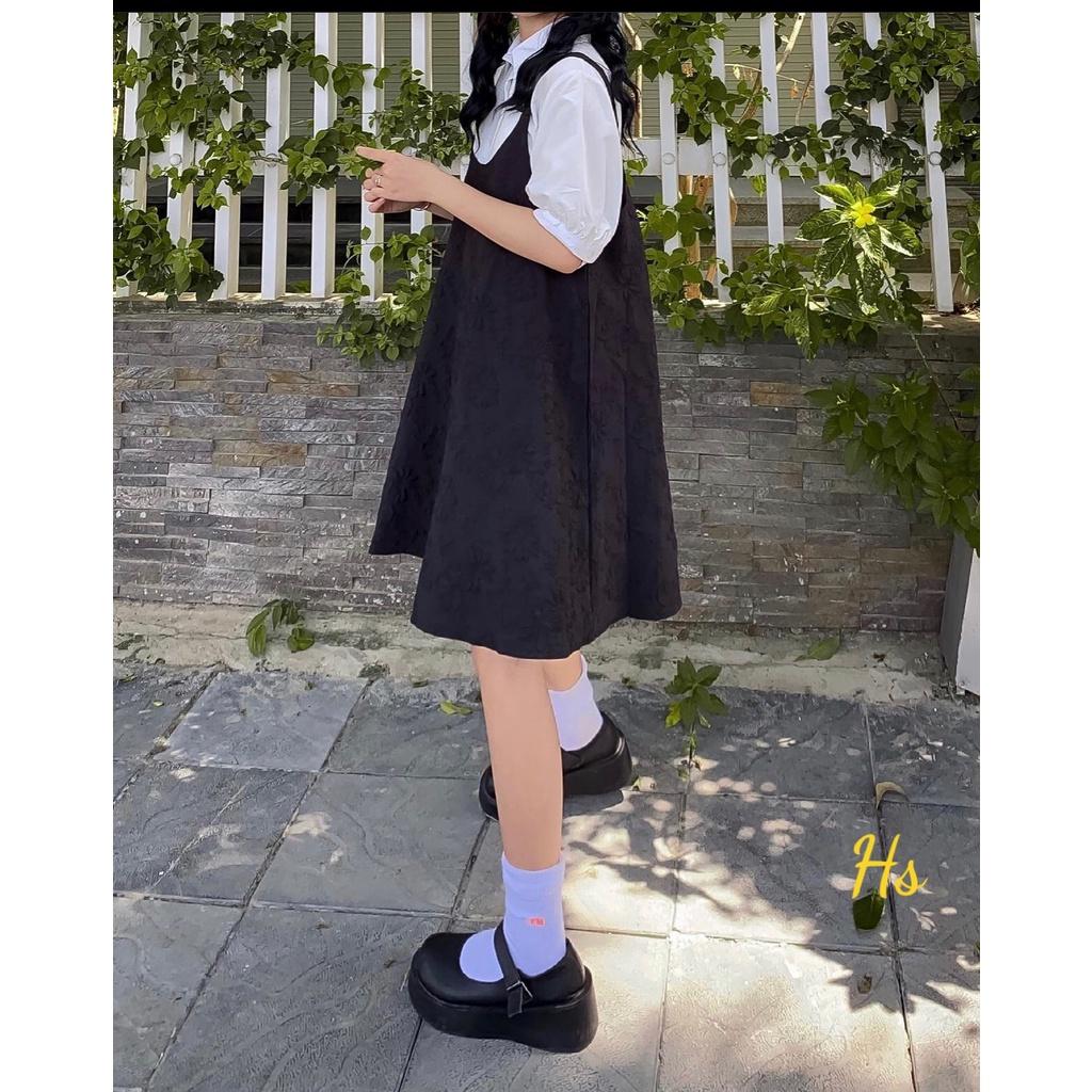 Bộ Đầm Babydoll Áo Sơ Mi Cộc Tay Set Yếm Nữ Đen Kèm Áo Somi Trắng Dáng Lỡ