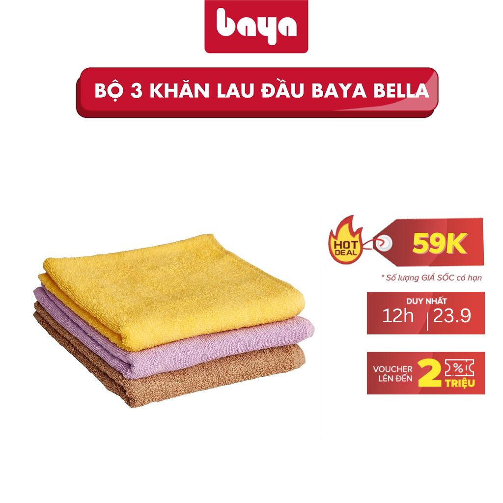 Bộ 3 Khăn Lau Đầu BAYA BELLA Chất Liệu Cotton Mềm Mại Bền Màu, Thấm Hút Tốt, Nhanh Khô 7400047