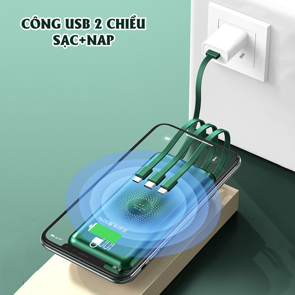 Pin sạc dự phòng Tích hợp sạc không dây HXSJ 10000mAh, Hỗ trợ sạc nhanh cổng usb 2.1A Kèm sẵn 4 đầu sạc cho các dòng điện thoại - Hàng chính hãng