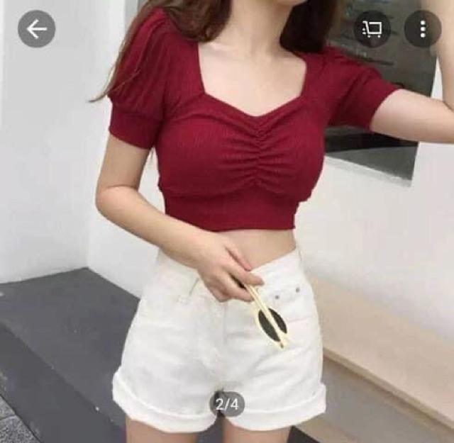 F785 Áo croptop ôm cổ vuông tim nhún ngực