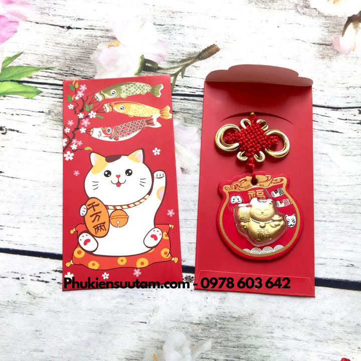 Combo 10 Bao Lì Xì Mèo Thần Tài Cá Chép, kích thước: 17cmx9cm, màu đỏ - SP005935