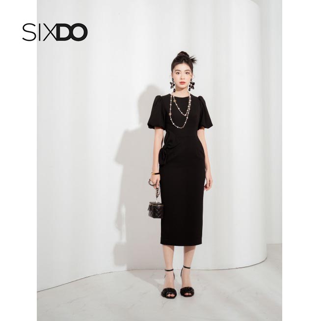 Đầm midi tay bồng xẻ nơ eo thời trang SIXDO