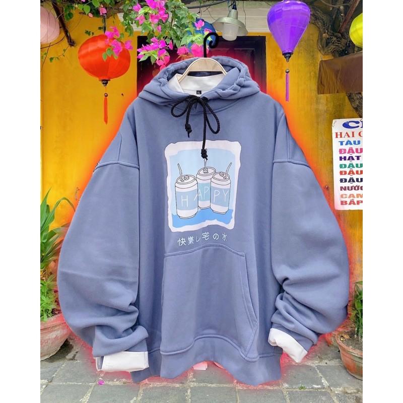 ÁO HOODIE THUN NỈ TAY PHỒNG IN HÌNH LON NƯỚC HAPPY MÀU XANH, PHONG CÁCH HÀN QUỐC ĐÁNG YÊU