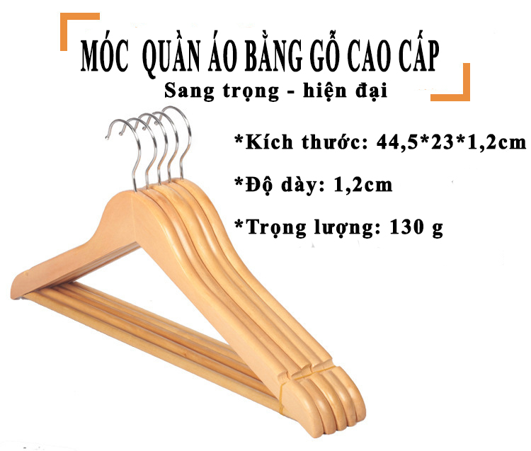 Bộ 10 móc treo quần áo bằng gỗ tự nhiên, với móc treo inox chắc chắn, bền vững - Thiết kế sang trọng, hiện đại.