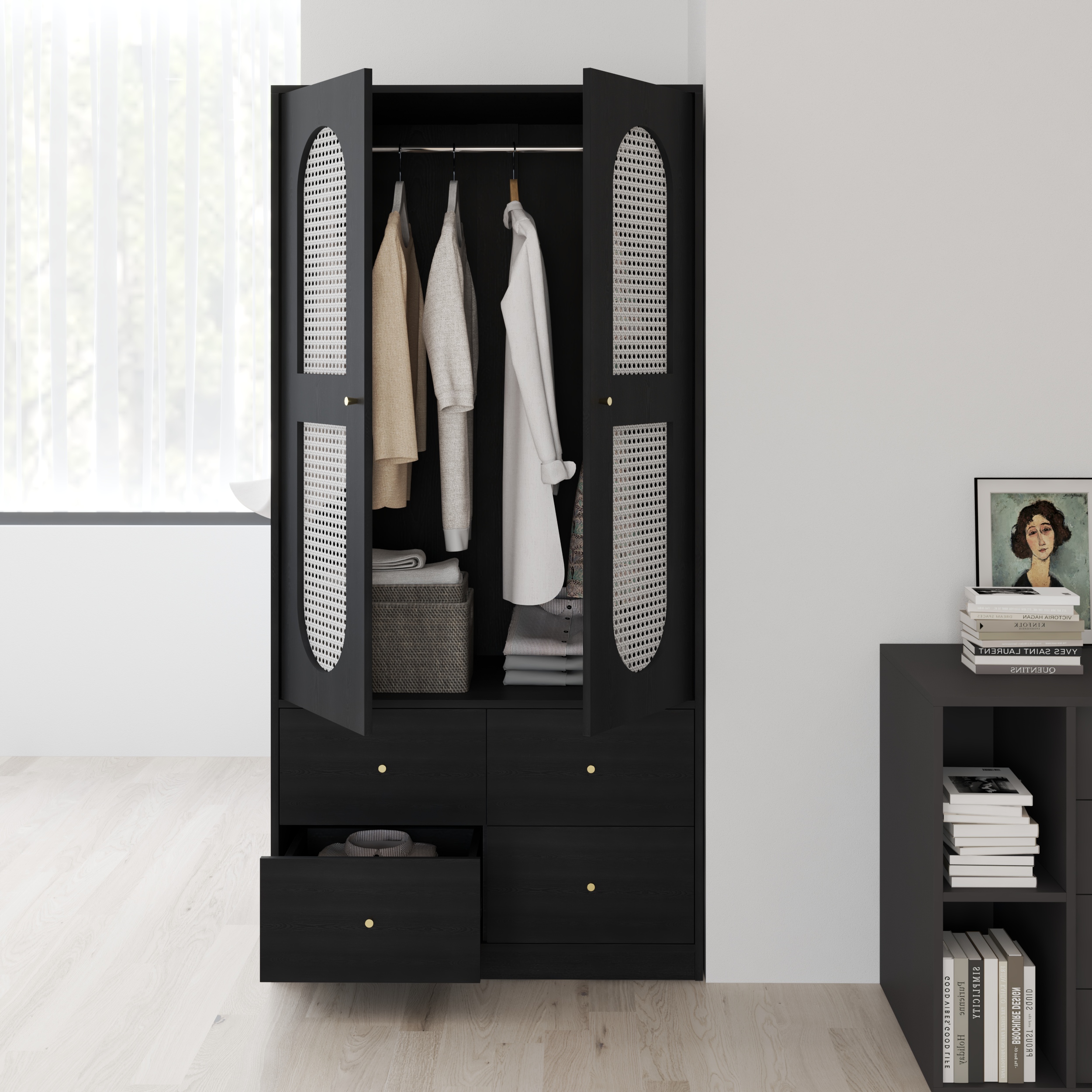 HAPPY FURNITURE , Tủ quần áo 2 cửa mở 4 ngăn kéo - MAY , TCM_249 , 92cm x 59cm x 190cm DxRxC