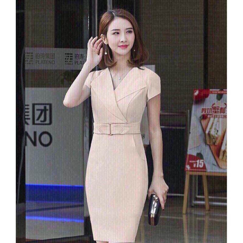 Đầm Body cổ vest tay ngắn eo phối belt Cao Cấp