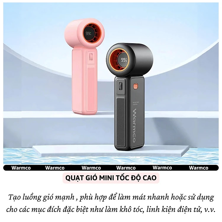 Quạt cầm tay turbo mini siêu mát Pin trâu 5000 mAh, nhỏ gọn linh hoạt hiệu WARMCO - 100 chế độ gió, dùng liên tục 18h (tùy mức gió), thiết kế đẹp, bền - hàng nhập khẩu