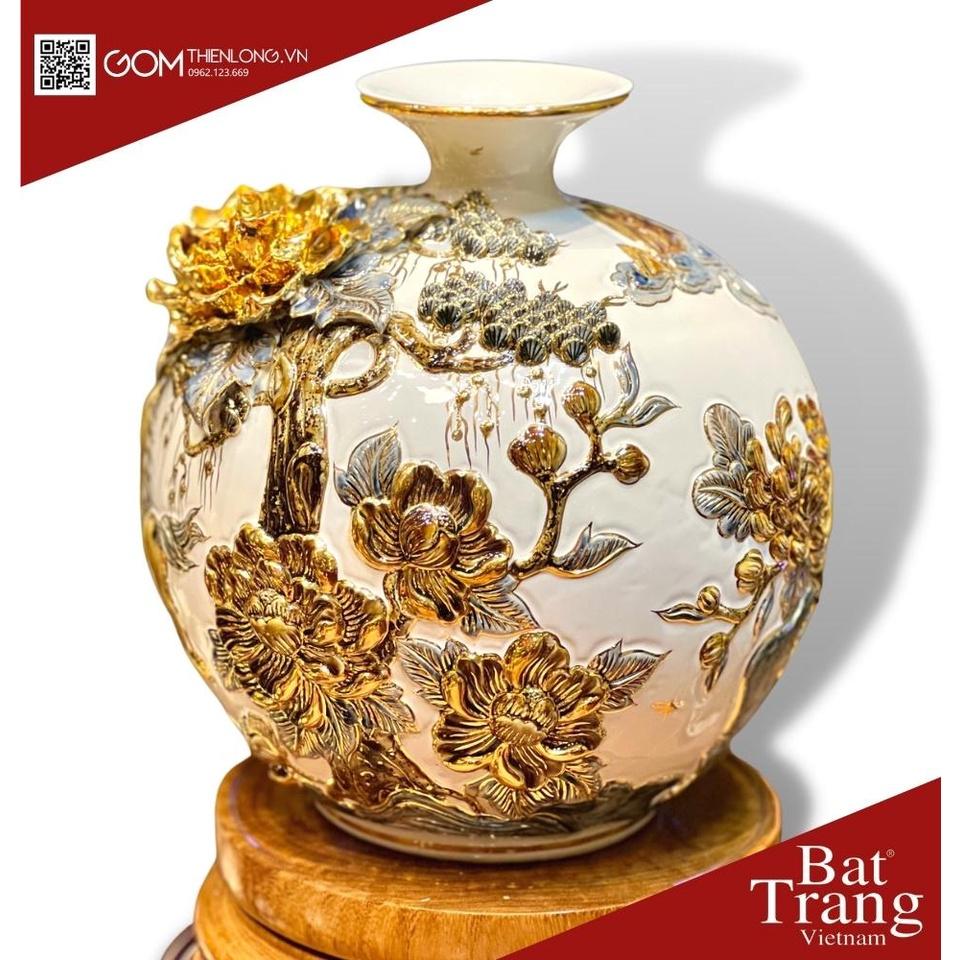 Bình Hút Lộc Mã Đáo Thành Công Màu Trắng - Vẽ Vàng Đắp Nổi Hàng Kỹ - Bình Tài Lộc Bát Tràng -Gốm Thiên Long