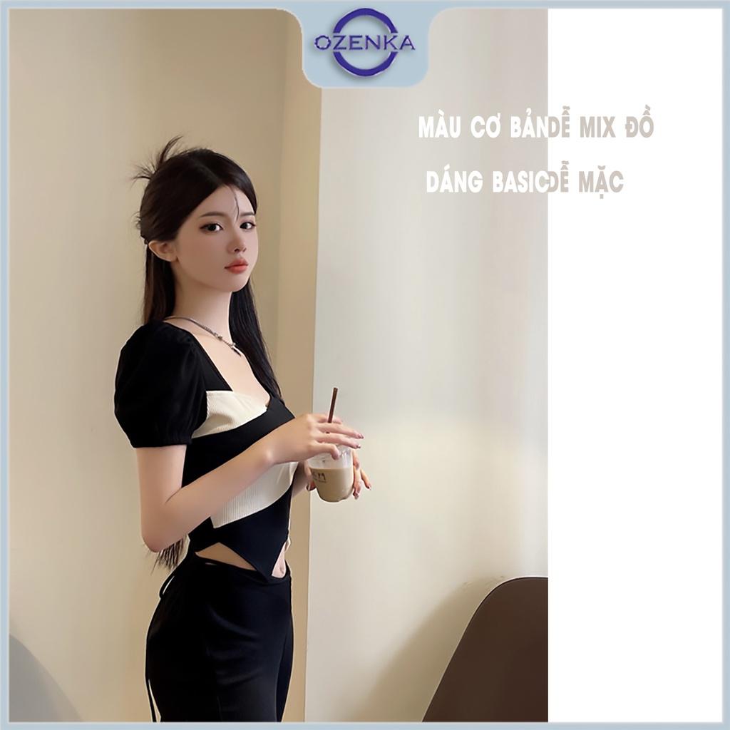 Áo croptop kiểu vạt nhọn cổ vuông vai bồng cộc tay nữ OZENKA , áo crt ôm body phối màu gợi cảm thun cotton dưới 55 cân