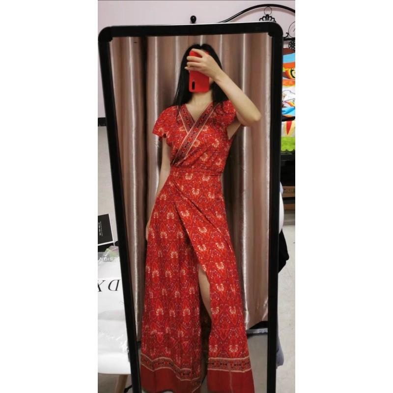 Váy Du Lịch Đỏ Thổ Cẩm Boho Buộc Eo Cộc Tay