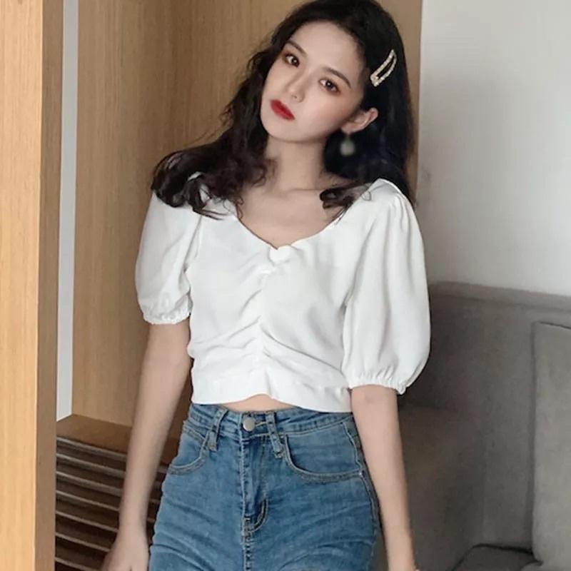 Áo Sơ Mi Nữ Cổ V Tay Phồng, Áo Croptop rút nhún thời trang