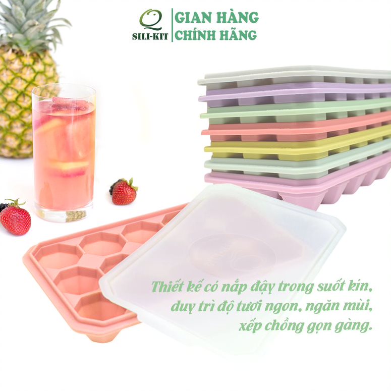 Khay làm đá silicone có nắp QSILIKIT 15 ngăn hình kim cương, hộp trữ đông thực phẩm an toàn