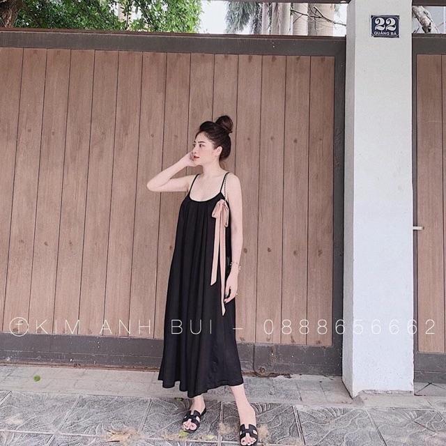 Váy maxi suông 2 dây nơ buộc lệch