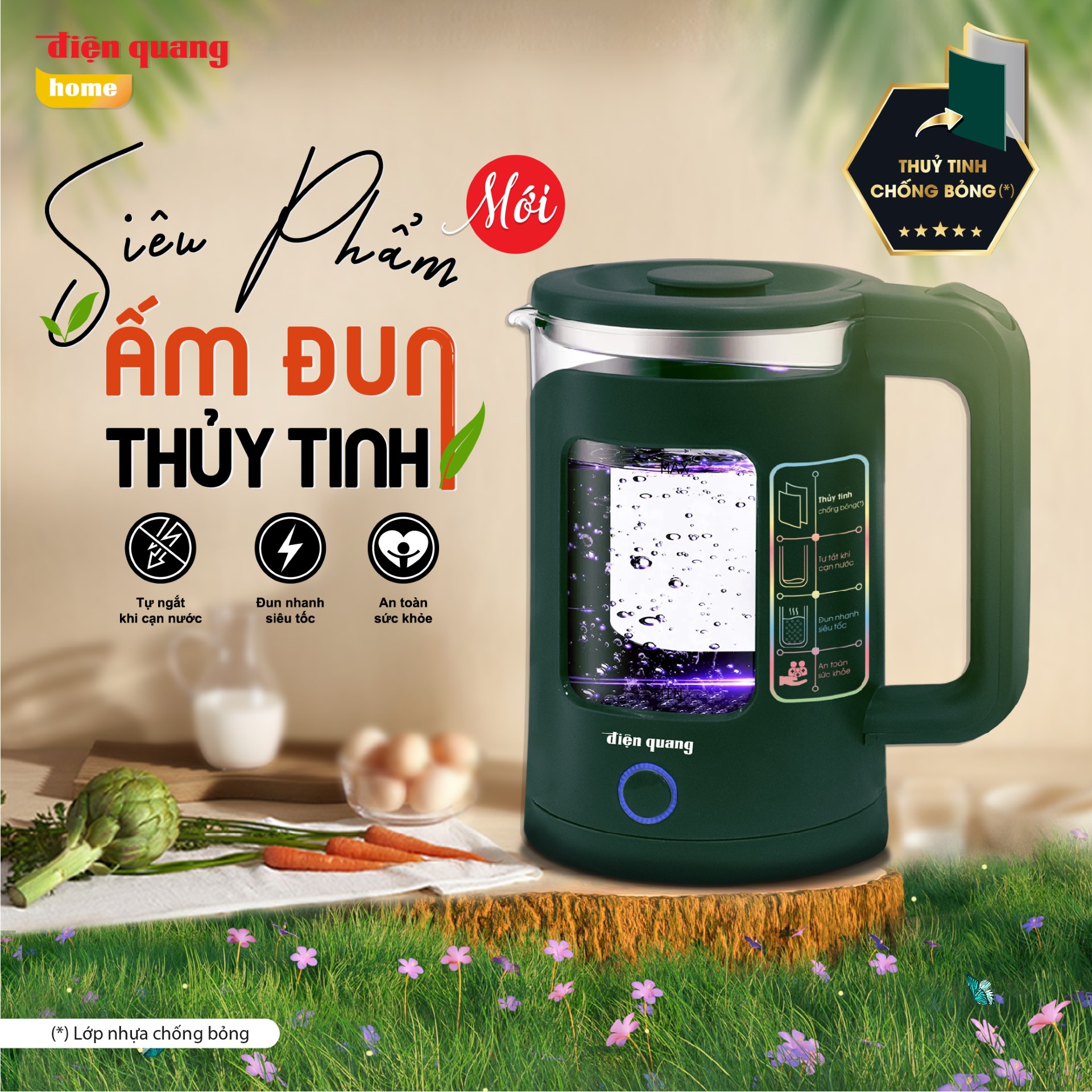 Ấm đun nước siêu tốc Điện Quang ĐQ EKT16 1515 MG ( 1500W, 1.5L, inox 201, thủy tinh cách nhiệt, màu xanh rêu) - Hàng chính hãng