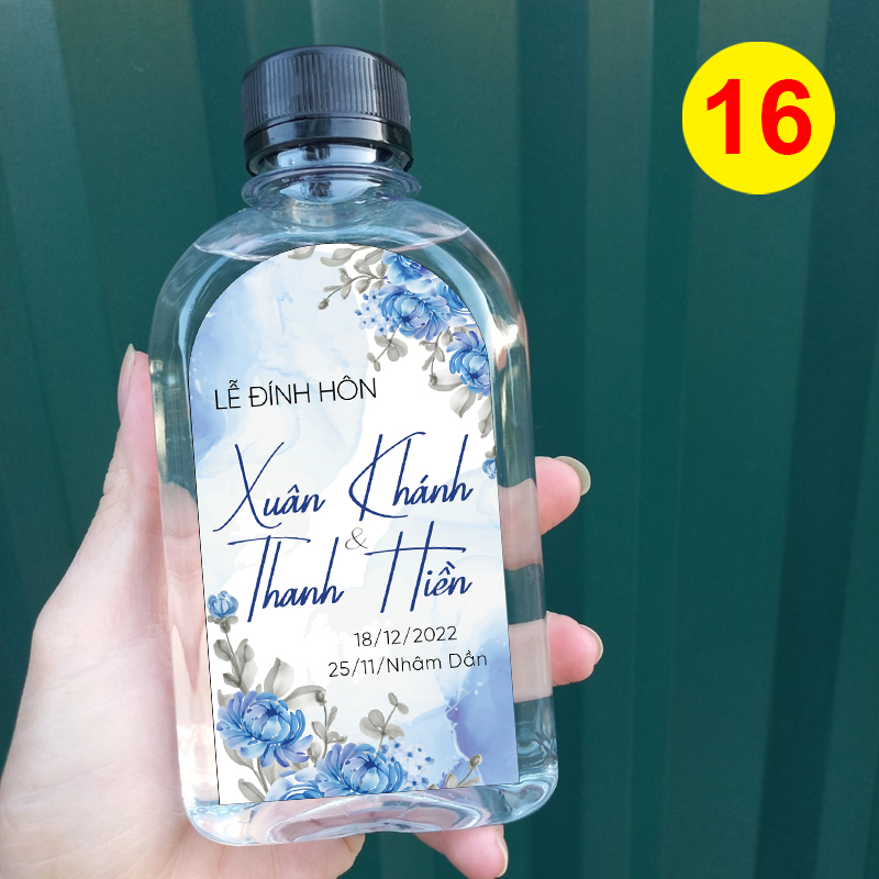 Decal nhãn dán chai nước đám cưới - chai dẹp MS 16