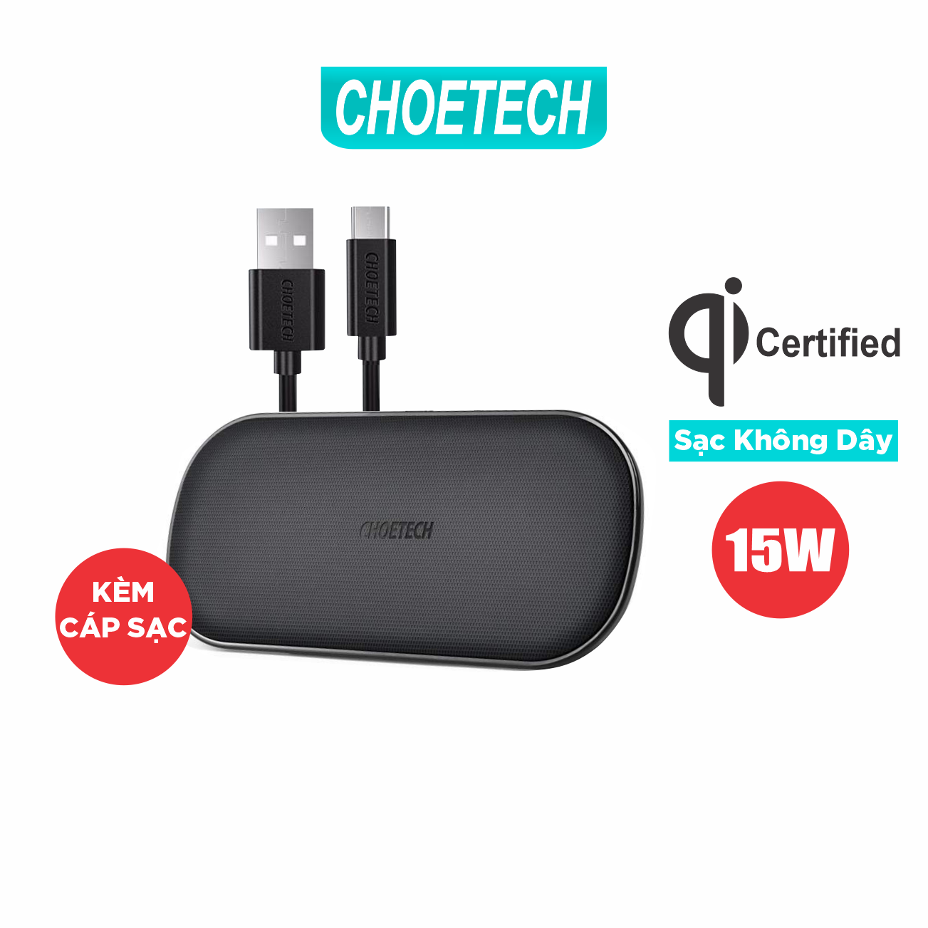 Đế Sạc Không Dây Đôi CHOETECH QI 2 Đế 15W Kèm Dây Cáp USB-A To Type-C - Hàng Chính Hãng