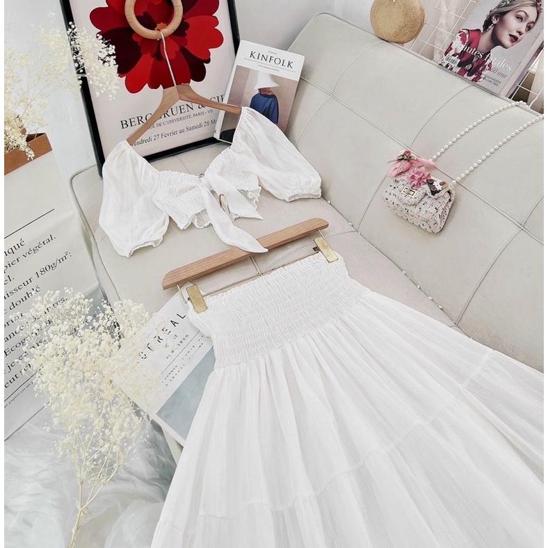 Set váy đũi trễ vai màu trắng