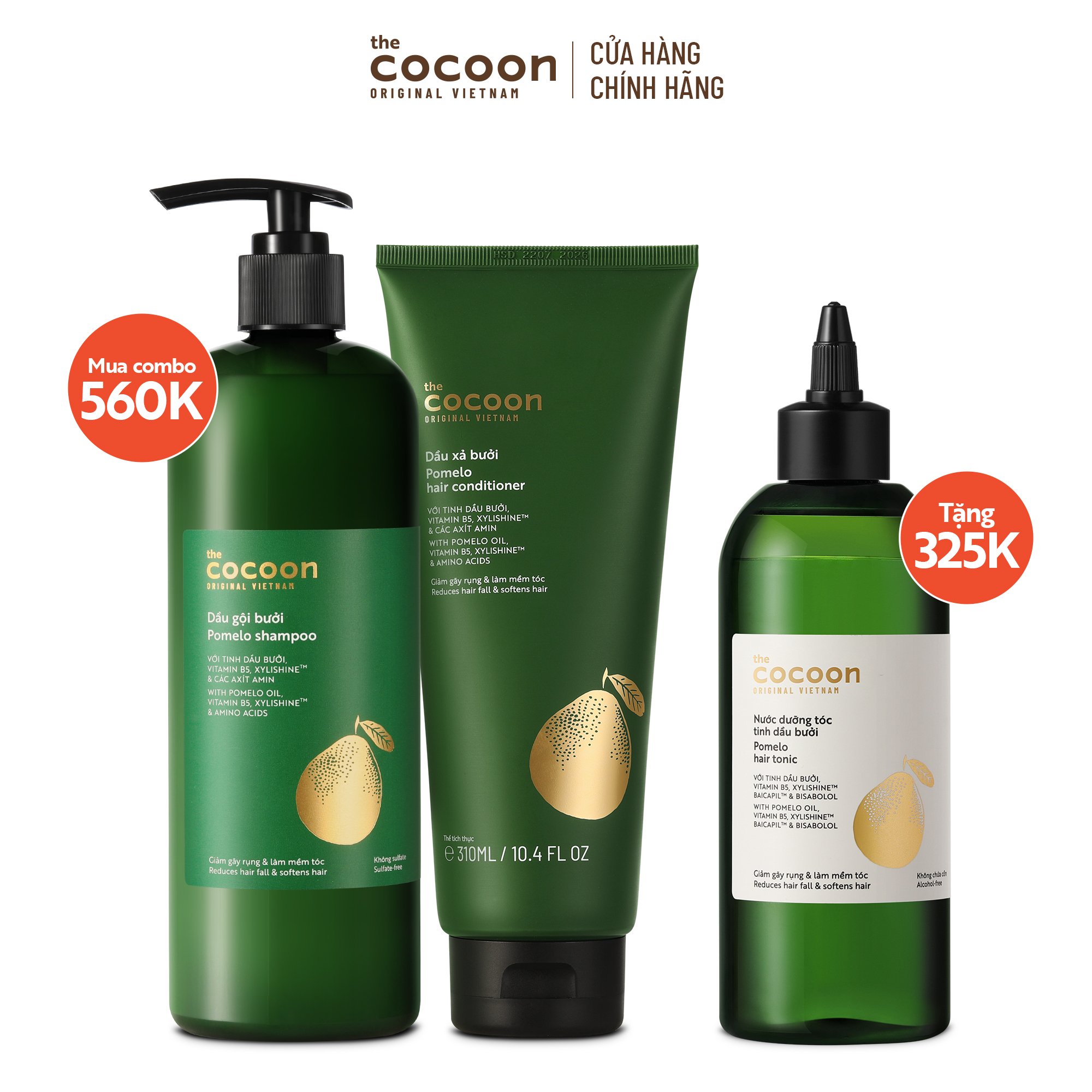 SPECIAL COMBO gội bưởi 500ml + xả bưởi 310ml Cocoon tặng 1 nước dưỡng tóc tinh dầu bưởi 310ml