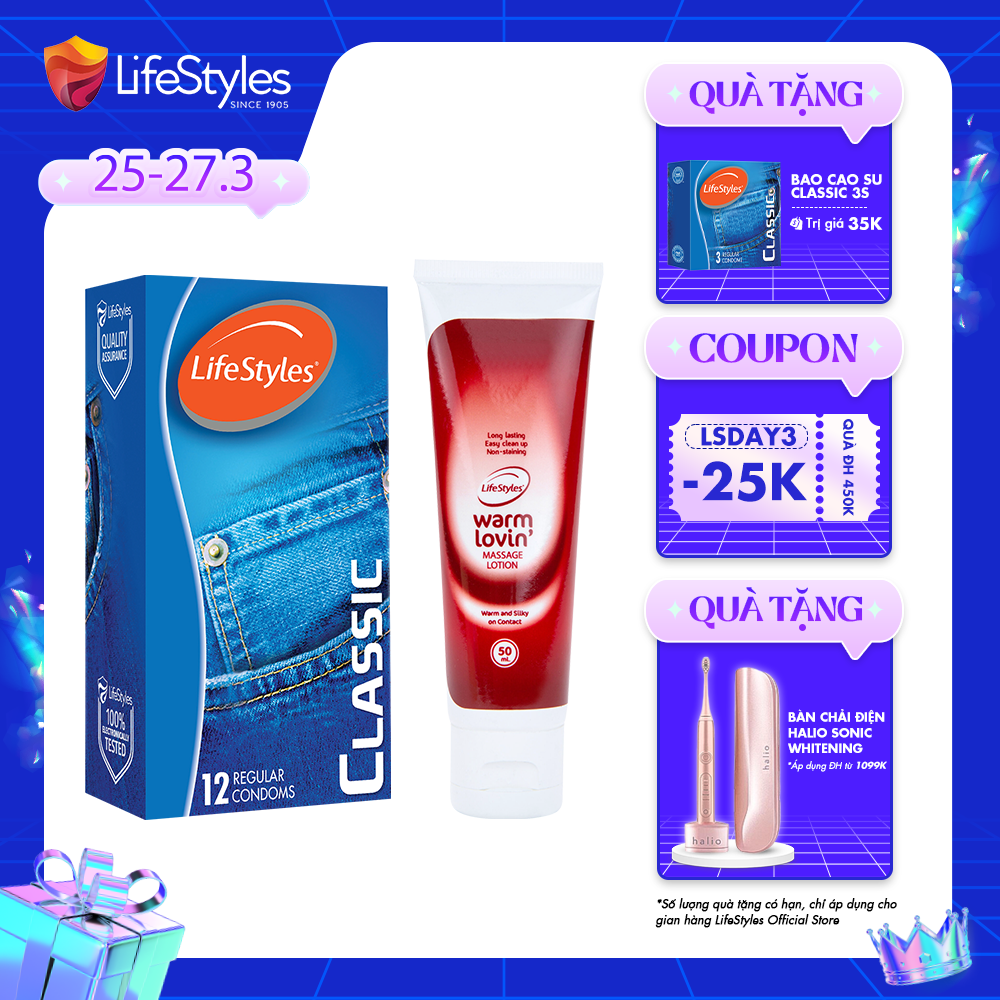 Combo Bao Cao Su LifeStyles Classic Ôm Sát Cao Cấp Hộp 12 bao + Gel Bôi Trơn LifeStyles Warm Lovin Tăng Cảm Giác Ấm Nóng