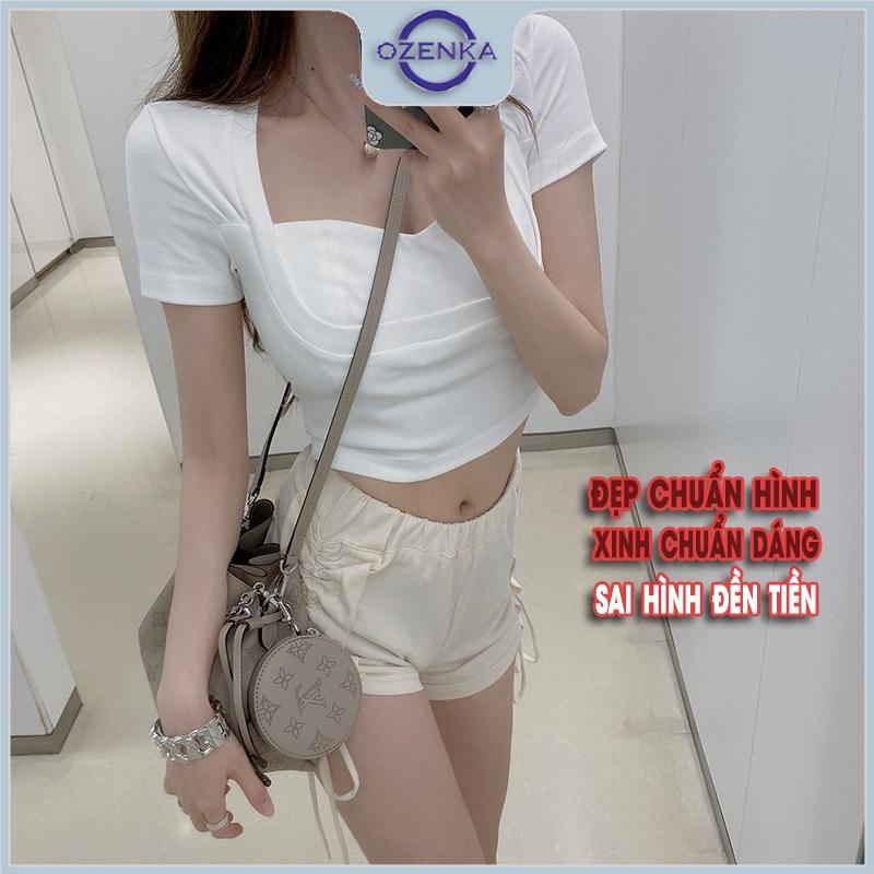 Áo croptop cổ vuông tay ngắn ôm body nữ , ao thun crt nữ kiểu Hàn Quốc màu đen trắng 100% cotton dưới 50 cân
