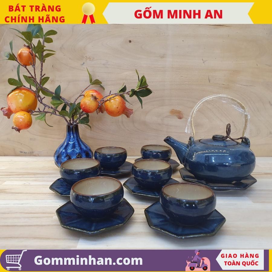 Bộ ấm trà Bát tràng men hỏa biến màu xanh, ấm chén sứ- Gốm Sứ Bát Tràng- Gốm Minh AN