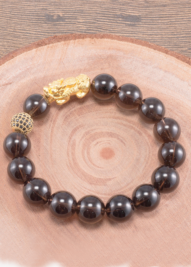 Vòng Tay Nam Đá Thạch Anh Khói Phối Tỳ Hưu Bạc Mạ Vàng 24K Ngọc Quý Gemstones