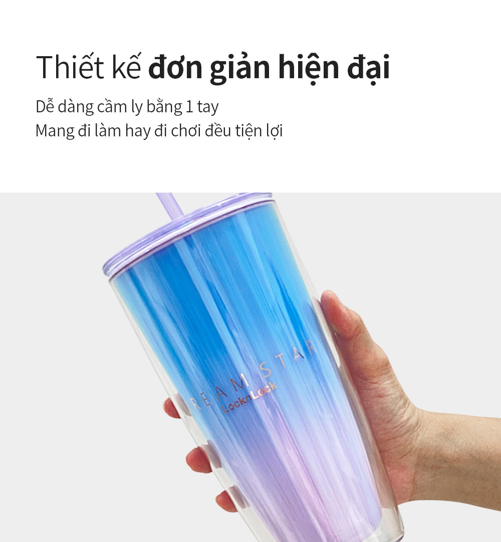 Ly nhựa 2 lớp Lock&amp;Lock màu xanh trắng HAP522BLU 750ml - Hàng chính hãng, có ống hút, có nắp đậy - JoyMall