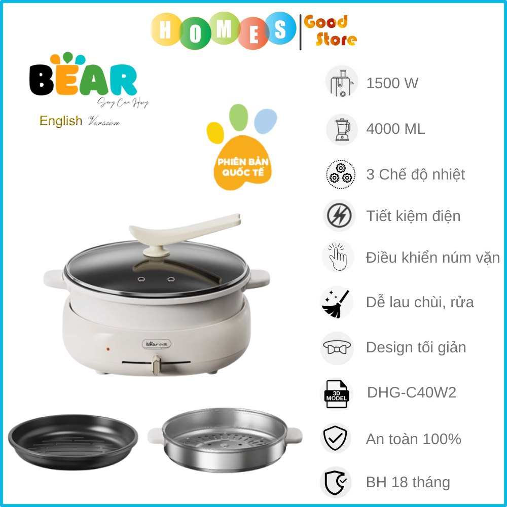 Nồi Lẩu Nướng Đa Năng BEAR DHG-C40W2, Có Kèm Khay Hấp Dung Tích 4 Lít, Công Suất 1500 W - Hàng Chính Hãng