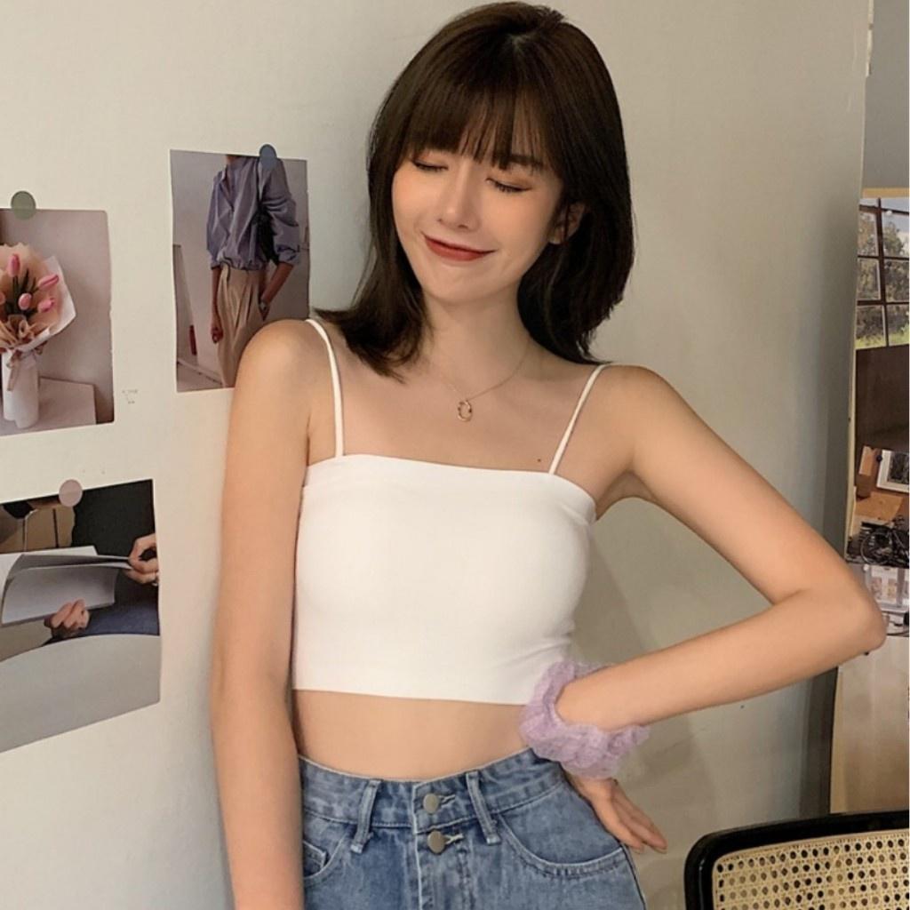 Áo crop top 2 dây bún basic chất bozip 2 màu đen trắng dễ mặc tôn dáng