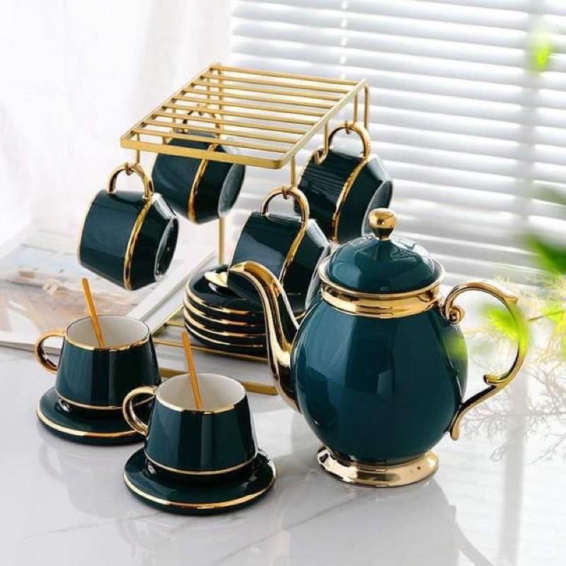 Bộ ấm chén sứ xanh cổ vịt phong cách châu Âu sang trọng