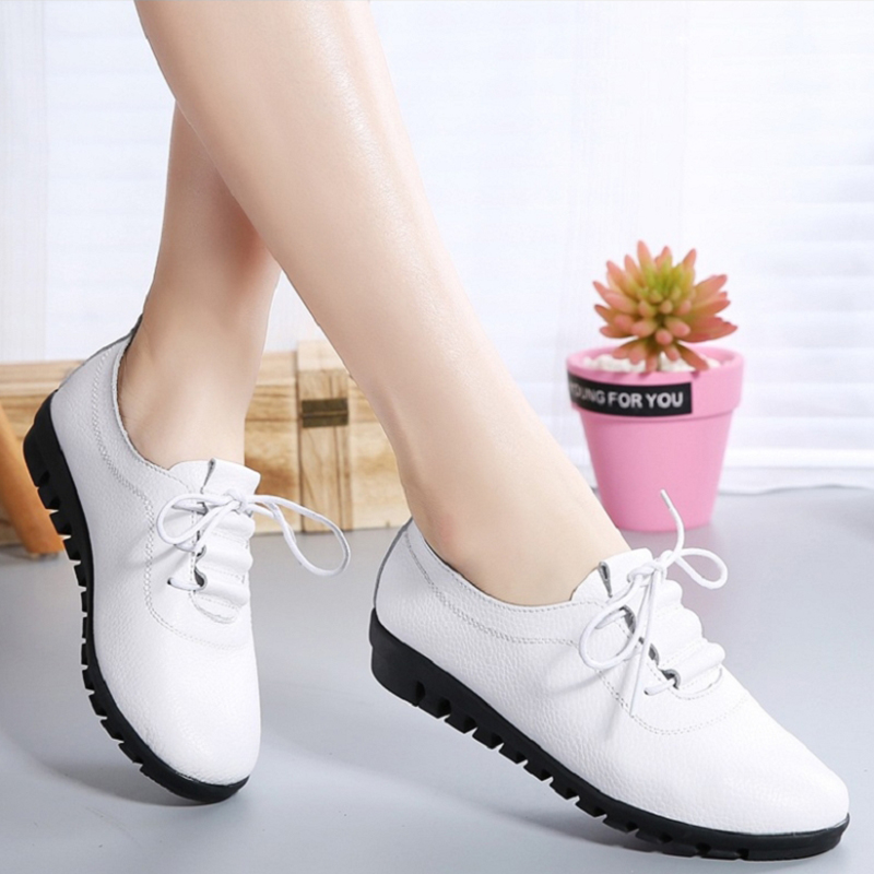 Ladies casual flat shoes pu leather oxford lace-up driving shoes