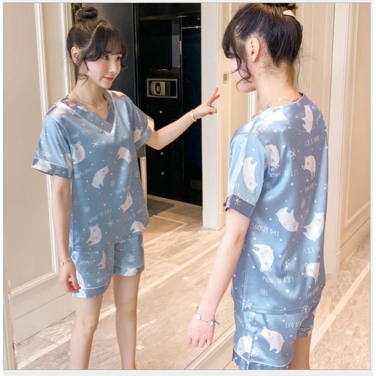 Đồ bộ lụa mặc nhà ngắn cổ V dễ thương Bộ pyjama ngắn siêu xinh