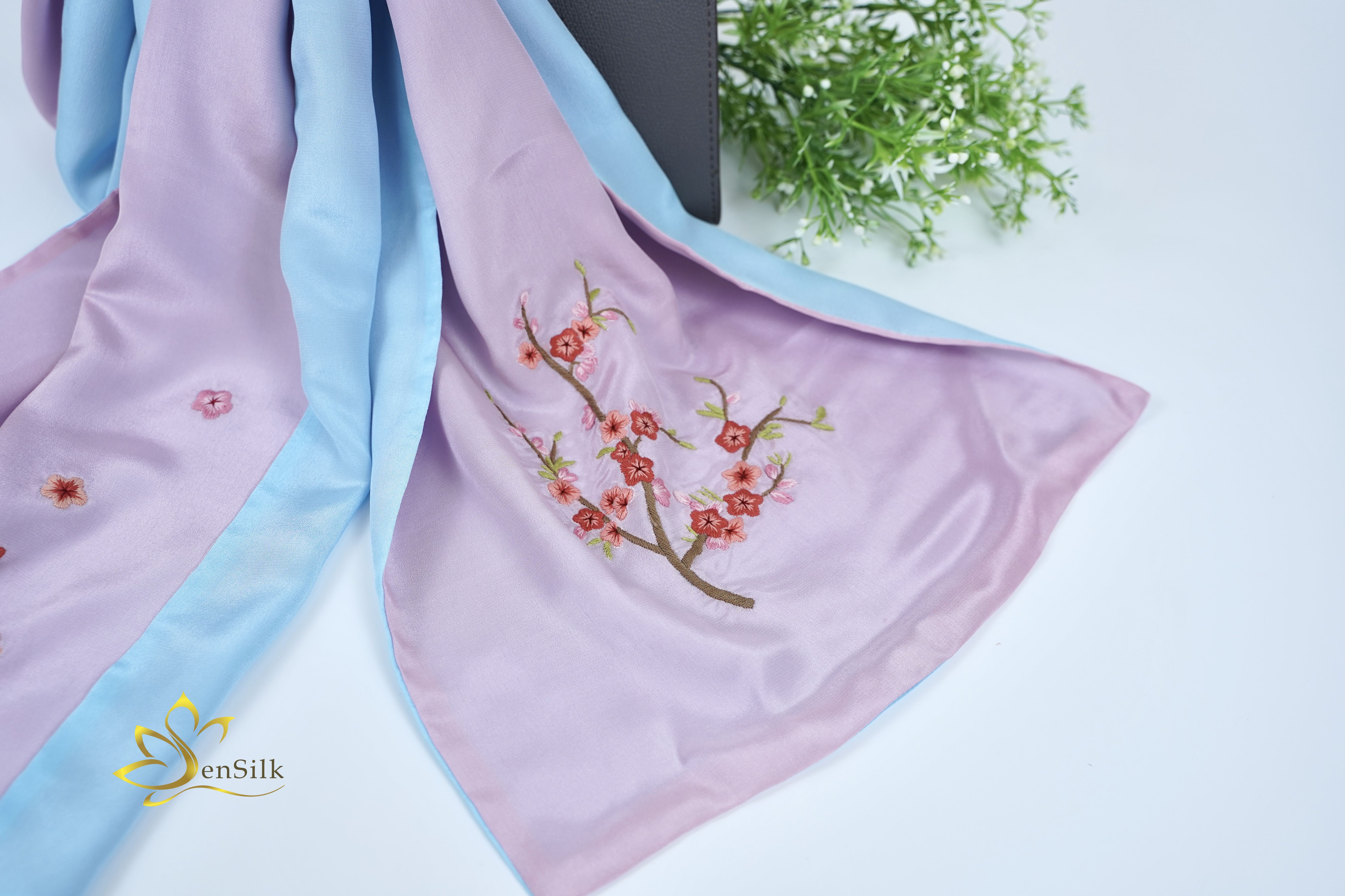 100% Silk Scarf Hand Embroidery, Khăn Lụa 2 Màu Thêu Handmade Hoa Đào SenSilk, Quà Việt Nam Cao Cấp 160x35cm