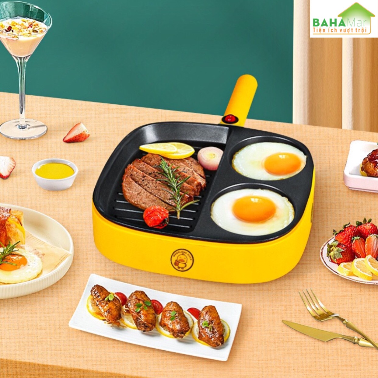CHẢO ĐÁ ĐIỆN MINI CHỐNG DÍNH CHIA 3 NGĂN TIỆN SỬ DỤNG CHO BẾP "BAHAMAR" Chảo chia 3 ngăn, 2 ngăn tròn làm bánh, ngăn to dùng chiên, xào tiện lợi.